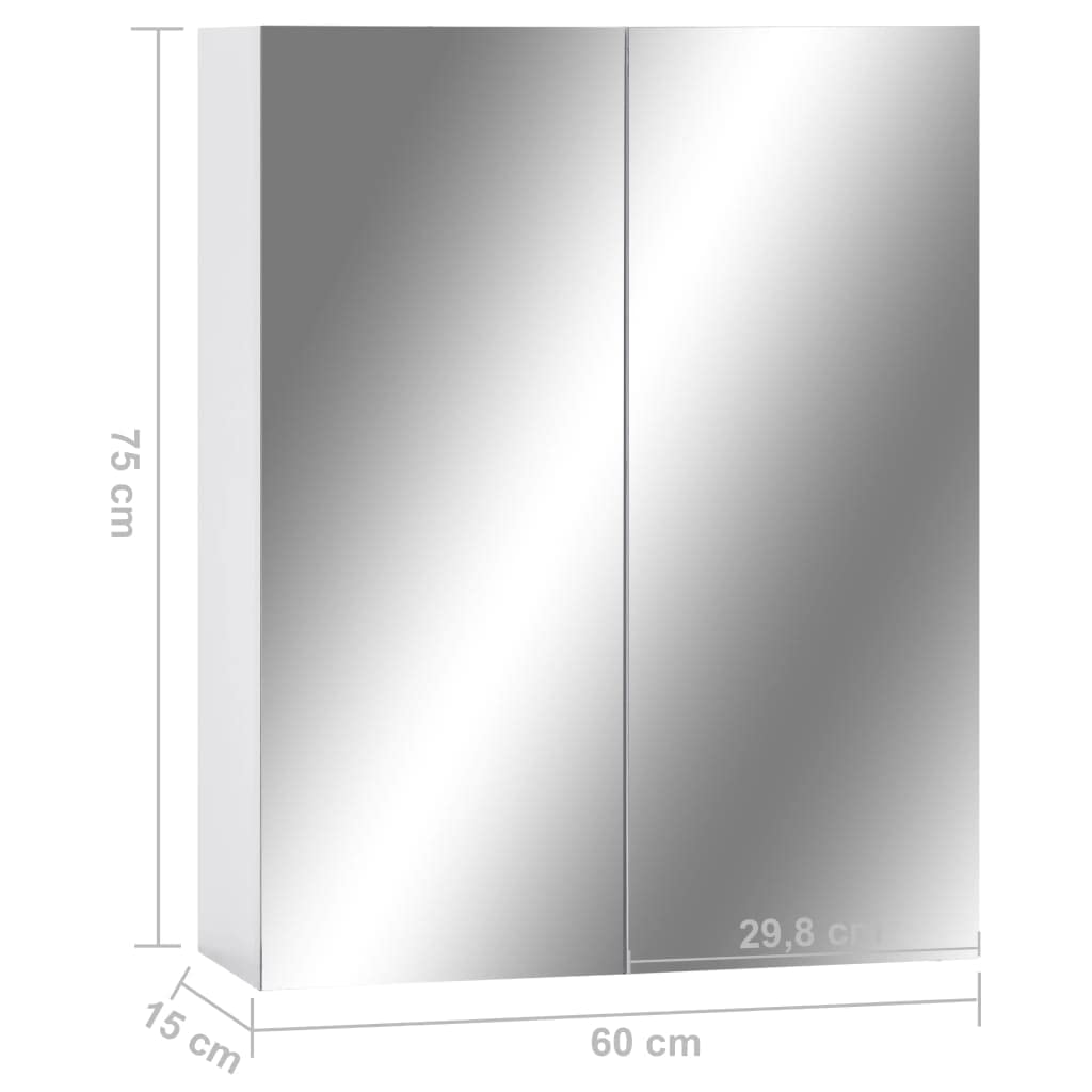 SYDE Espejo Armario Baño Blanco 60x15x75 cm MDF | 2 Puertas, 3 Compartimentos, Estante de Vidrio, Pared, Almacenamiento de Tocador