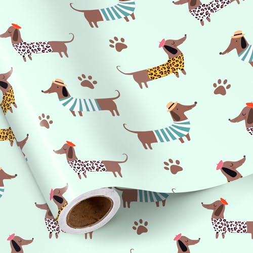 RUSPEPA Dachshund Wrapping Paper Roll for Boys Girls Mini Roll Dressed-Up Dog with Hats and Prints Design Green Cute Puppy Gift Wrap for Kids Dog Lovers Birthday Party 17 Inches x 16.4 Feet