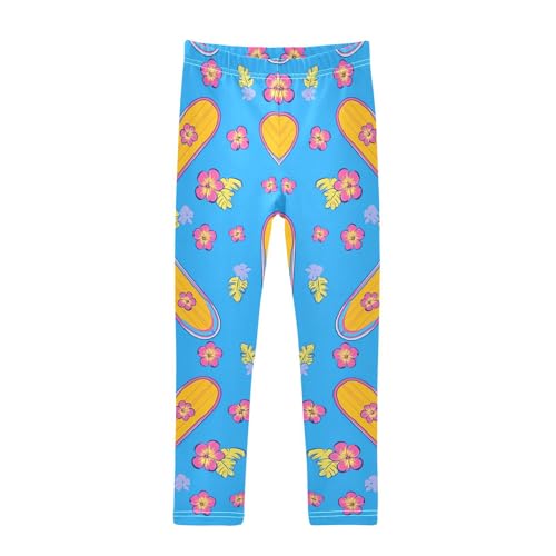 Orange Surfboard Hawaiian Flowers Girls Leggings Soft Stretch Workout Yoga Dance Pants for Kids Casual Tights