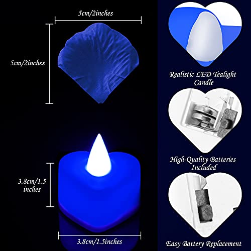 Image of Honoson 1000 Pieces Artificial Blue Rose Petals with 24 Pcs Flameless Heart Shaped LED Tealights Candles Special Romantic Night Decorations for Proposal Wedding Anniversary Table Decor