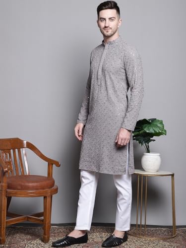 Image of Jompers Men's Geometric Sequin Embroidered Pure Cotton Kurta with Pyjamas Set