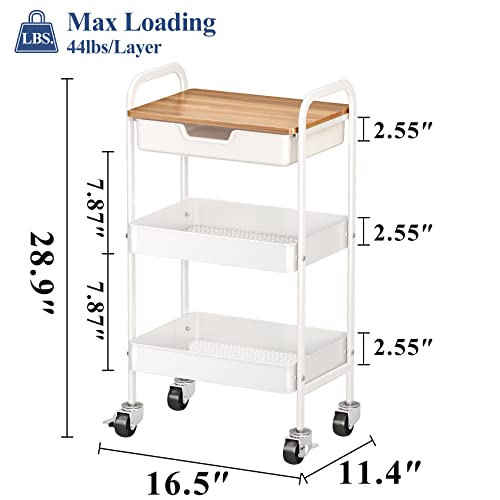 3 Tier Rolling Utility Cart with Drawer and Wood Top, Metal Storage Craft Cart with Wheels Art Organizer Cart for Kitchen, Office, Home, Classroom (White)