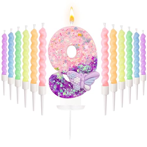 HXOUSE Number 9 Birthday Candles with Purple Butterfly & 12Pcs Rainbow Macaron Spiral Candles for Girls - Pink Sequins Birthday Candles for Cake, 9 Candle Party Decorations
