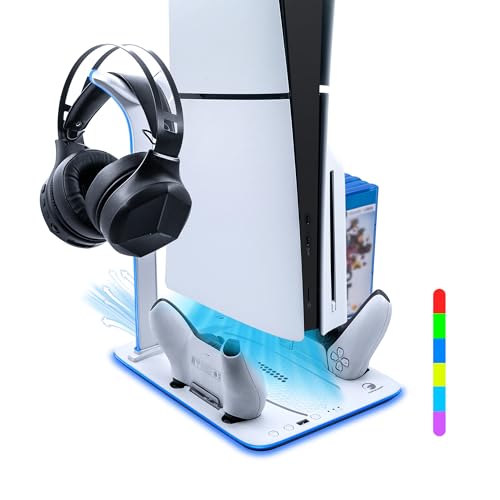Mcbazel Charging Cooling Fan Stand for PS5 Slim, RGB Charging Stand with Adjustable Cooling Fan & Headset Holder & 5 Game Slots for PS5 Slim Disc/Digital Edition Console,PS5 Slim Stand Accessories