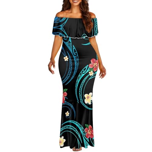 Yuosegray Polynesian Floral Off The Shoulder Maxi Dress for Women