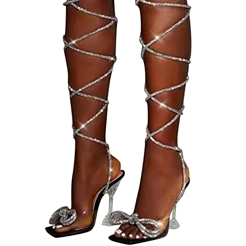 haoricu Sandals for Women Dressy Fashion Rhinestones Cross Strap Clip Toe Sandal Bowknot Fancy Color Wedding Club High Heels Black