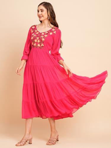 Image of RATAN Women's Floral Embroidered Puff Sleeve Chiffon Flared Tiered Kurta Gown Maxi Dress