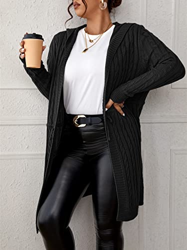 Image of WDIRARA Women's Plus Size Drawstring Waist Long Sleeve Hooded Cable Knit Cardigan Sweater Black 3XL