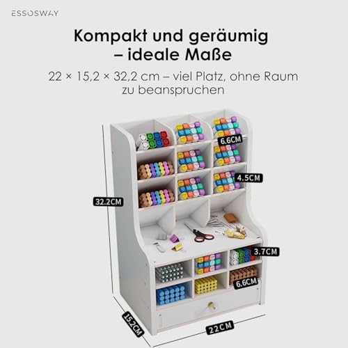 ESSOSWAY Stifte Organizer Schreibtisch - Stiftehalter - 18 Fächer und Schublade - Aufbewahrung Buntstifte Bleistifte Marker - Büro Schule - Weiß