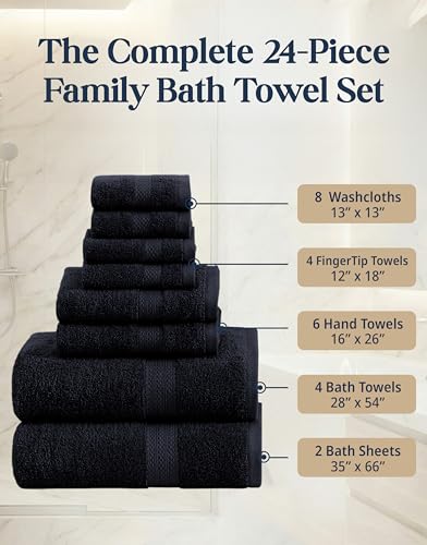 Image of LANE LINEN Bathroom Towels Sets - 24 PCs - 100% Cotton Towels - Absorbent & Quick Drying - 4 Bath, 4 Fingertip, 6 Hand Towel, 8 Washcloth, 2 Bath Sheet - Housewarming Essentials - Black Towels