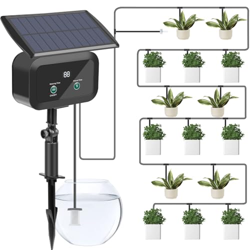 Euakee Sistema de Riego Solar para Jardín, Sistema de Riego Automático con 300 Modos de Temporizador y Manguera de 15m, Kit Riego por Goteo para Jardín, Balcón, Invernadero