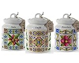 TRIA BARATTOLI Editacasa - Set Tris Barattoli sale zucchero caffé con coperchio chiusura ermetica 12*17 cm decoro terra e sole in ceramica