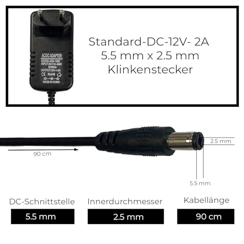 Bamof Bloc d'alimentation Universel 12 V CC 2 A - Adaptateur Secteur - Longueur du câble : 90 cm (Prise Jack 5,5-2,5 mm) - AC 100-240 V 50/60 Hz - Adaptateur Secteur - Compatible avec boîtier TV – vue 2