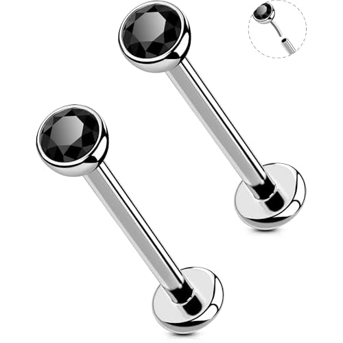 OUFER 2Pcs 20G/18G/16G G23 Titanium Threadless Nose Stud Earrings Flat Back Tiny CZ Small Nose Helix Cartilage Tragus Conch Labret Medusa Monroe Piercing Jewelry for Women Men Silver Black 2