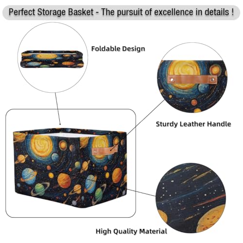 Image of Solar System Storage Baskets for Organizing, Fabric Collapsible Storage Bins Box Space Planets Decorative Toy Organizer Baskets for Closet Shelves Gift Basket 2Pcs