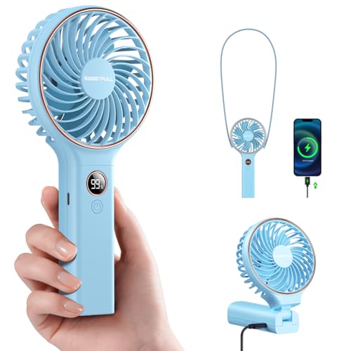 Image of SWEETFULL Handheld Portable Fan, 5000mAh Rechargeable Battery, 6 Speed Wind, LED Digital Display, Foldable Electric Personal Mini Travel Fan with Backup Power, Summer Essentials Gifts for Women Girl