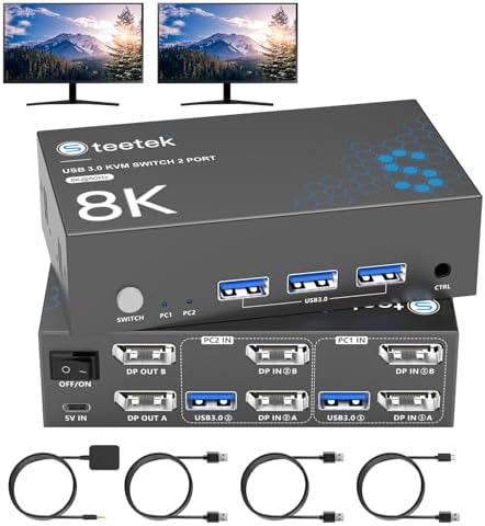 8K@60Hz KVM Switch 2 Monitors 2 Computers DisplayPort, USB3.0 KVM Switches, 4K@120Hz Dual Monitor for 1 Set of Keyboard Mouse Printer and U Disk with EDID Adaptive 2 USB Cables -S7230P2