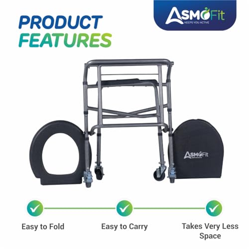 Image of Foldable Commode Chair Height Adjustable Use In Room Or Over Toilet, Potty Chair With Armrests, Bedside Commode-For Adult, Pregnant Women, Elderly - Weight Capacity 100Kg (With Wheels),Grey