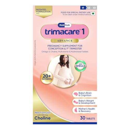 Image of TRIMACARE 1 Advance |1st Trimester | Pregnancy Multivitamin with Folic Acid, DHA & Iron | New Formula with Choline | 20+ essential nutrients | (Pack of 2) | 30 X 2 |