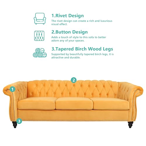 Image of QHITTY Accent Large Sofa, Chesterfield Couch 3 Seater Modern Velvet Couch Upholstered Sofa with Tufted Back for Living Room Furniture (Mango)