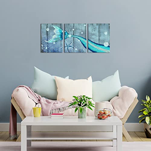 Simiwow Teal Blue Mermaid Wall Decor - Beautiful Ocan Mermaid Tail Paintings Artwork Pictures For Girls Bathroom Bedroom Wall Framed12 X16 X3 Panels #TOP1