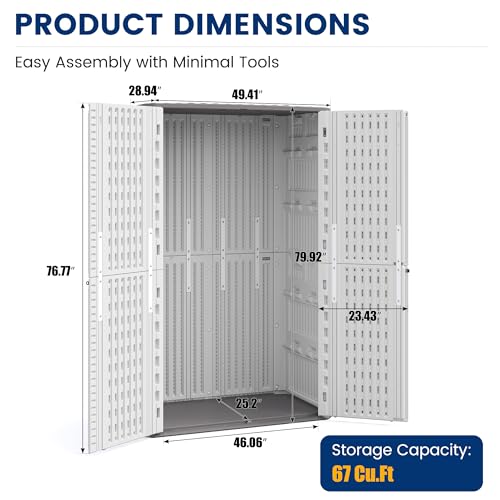 Image of UDPATIO 67 Cu.Ft Outdoor Storage Shed,Vertical Plastic Cabinet,White | HDPE,Easy to Assemble,Lockable,with Floor,Waterproof,Plastic Shed,Tool Shed,Garden,Backyard,Lawn