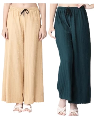 Image of Pack of 2 Women Palazzo Pants | Wide Leg Loose Fit | Combo Pack | Free Size M-3XL | Stretchable Waist | Casual Wear, Office Wear, Home Wear Palazzo