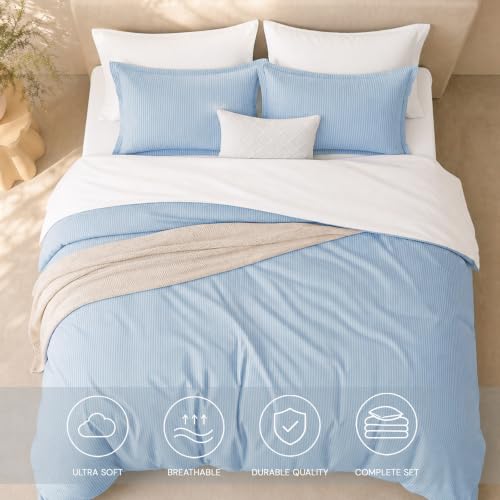 Image of Monbix King Size Comforter Set-7 Pieces Soft Bed in a Bag King Bedding Set | Blue Vertical Ticking Stripe Lightweight All Season Comforter with Sheets, Pillowcases & Shams