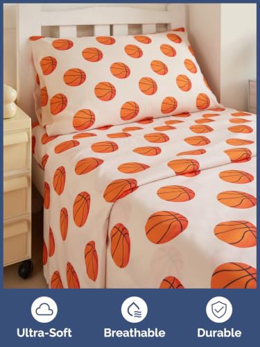 Image of Kids Twin Size Basketball Bed Sheets - 3 Piece Kids Basketball Sheet Set - Sporty Hoops Bedding - Ultra-Soft, Cute & Cozy - Breathable & Machine Washable - Bed Set for Boys, Girls, Teens & Toddlers