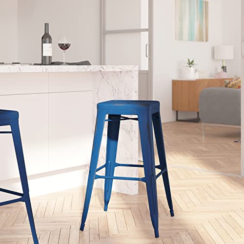 Merrick Lane Elba Series Metal 30" Bar Height Stool With Distressed Antique Blue Powder Coated Finish And Integrated Floor Glides #TOP1