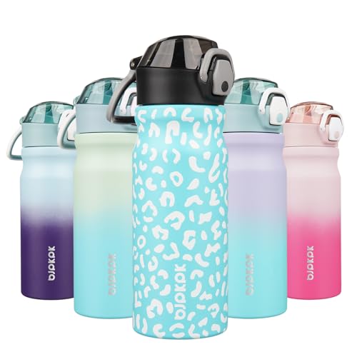 Image of BJPKPK 18 oz Water Bottle with Straw & Handle, Insulated Stainless Flask | Leak Proof Locking Lid, Thermal, Double Wall Vacuum, Metal, Keeps Hot /Cold, BPA Free, Travel & Sports, Sky Blue Leopard