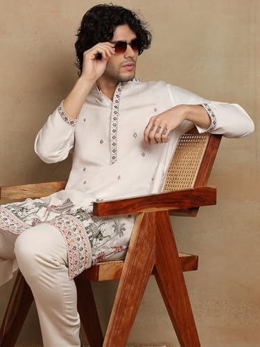 Image of Amazon Brand - Tavasya Men Printed Kurta with Ethnic Motif Border | Special Haldi Kurta | Festive Embellished Long Kurta | Embroidery Kurta | Ethnic Wear | Mandarin Collar | Knee Length