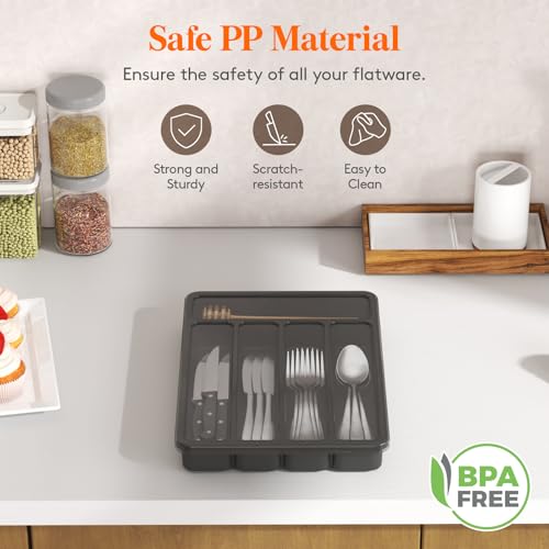 Lifewit Silverware Organizer with Lid, Covered Utensil Tray for Kitchen Drawer and Countertop, Plastic Cutlery and Flatware Storage Box for Spoons Forks Knives Holder Case, 23 x 32 cm, Black