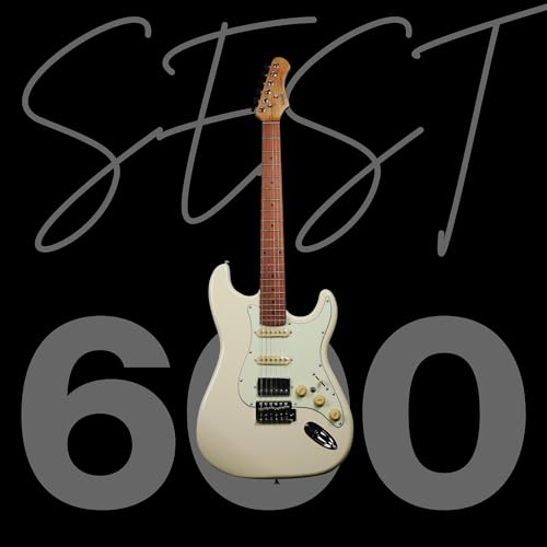 Image of SEST600 HSS Strat Electric Guitar | Roasted Maple Neck | Coil Split Humbucker | 22 Frets | 5-Way Switch | Gloss Finish | Premium Tremolo System | Strat Style Electric Guitar (Vintage white)