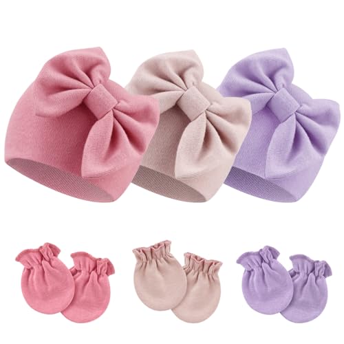Image of BQUBO Newborn Girls Hats Baby Hat and Mittens Set Infant Caps Bow Hospital Beanie with No Scratch Mittens for Baby Boys Girls
