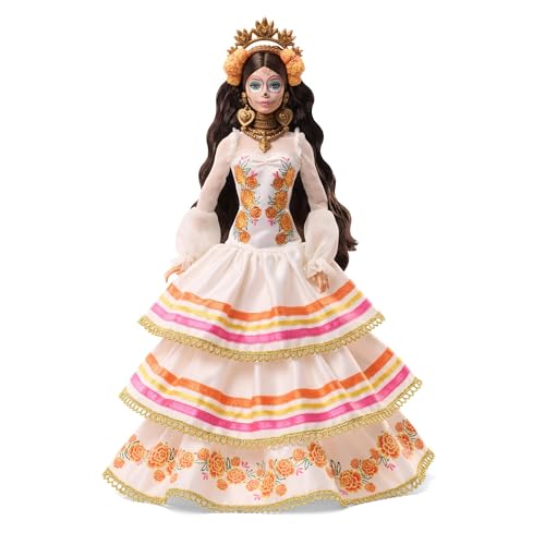 Barbie Signature Doll, Día De Muertos 2025 Collectible in Ruffled Cream Gown Trimmed with Marigolds and Ribbon, Flower Crown and Calavera Face Paint