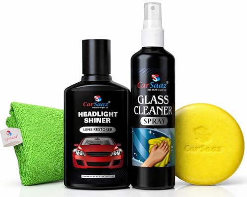 Image of CAR SAAZ Car Headlight Cleaning Kit | Headlight Shiner & Glass Cleaner Combo with Applicator Pad & Microfiber Cloth | Complete Restoration & Shining Kit for Vehicles Glass and Headlights