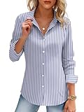 HOTOUCH Button Down Shirts Women Long Sleeve Slim Fitted Formal Business Button-up Work Shirt Blue Stripe Blouse M