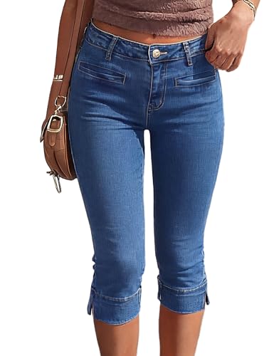 Fengbay Capri Jeans Damen Stretch Skinny Low Waist Dreiviertel Jeanshosen Schlitz am Saum Caprihose Casual Sommer 3/4 Hose
