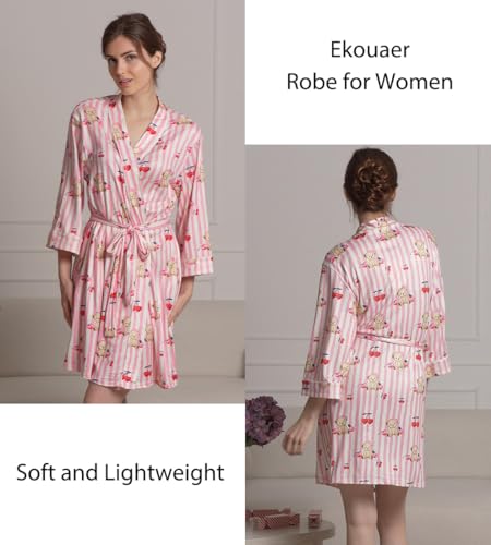 Image of Ekouaer Women Kimono Robes Knee Length Knit Bathrobe Lightweight Soft Sleepwear V-neck Casual Ladies Loungewear