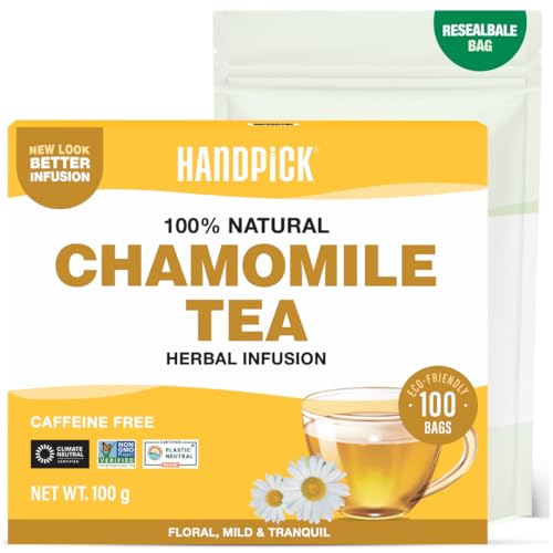 HANDPICK, Té de Manzanilla - 100 Bolsitas Redondas Ecológicas - Sin Cafeína y No-OGM - Con Flores de Manzanilla 100% Puras - Mezcla Floral Herbal - Sellado al Vacío para Frescura