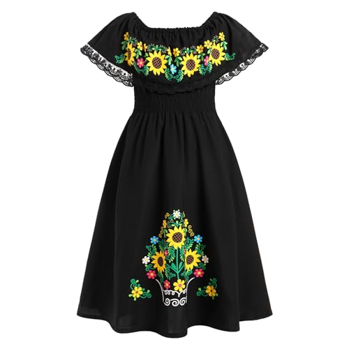 Mexican Dress for Toddler Girls Sunflower Embroidered Off Shoulder Traditional Mexico Dresses Cinco de Mayo Vestidos4