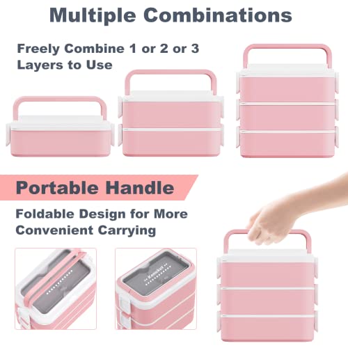 Kenuket Bento Box Lunch Box, Adult Lunch Container With 3L Large Capacity, Microwave Safe 3 Layers Stackable Lunch Box, Leakproof Food Container With Divider And Sauce Box For Kids And Adults, Pink #TOP2