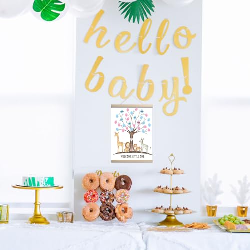 Image of QZCYU Gender Reveal Party Decorations, Gender Reveal Fingerprint Tree with Safari Animals, Baby Shower Guest Book, Canvas Thumbprint Hanging Paintings