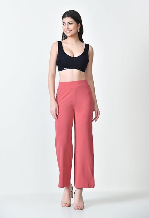 Image of Women's High Waist Straight Fit Trousers,Solid Korean Stretchable Pants for Women, Regular Fit Elastic Waist Full Length Formal Trouser,Casual,Office Wear