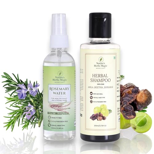 Image of Nature's Herbs Herbal Shampoo & Rosemary Water Hair Spray Combo | Amla Reetha Shikakai Hair Fall Control Shampoo with Rosemary Spray for Hair Growth & Scalp Care | Herbal Hair Strengthening Set | Men Women | 200 ml + 100 ml
