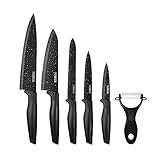 Tower T81522B Essentials Kitchen Knife Set, Stone-Coated with Stainless Steel Blades, Black, 6-Piece