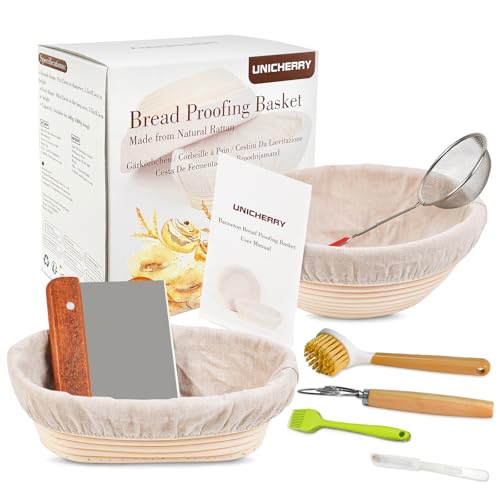 UNICHERRY Bread Proofing Basket Set, 9-inch Round & 10-inch Oval sourdough proving basket with 6 Baking Tools, banneton proofing basket Kit for Professional and Home Baking