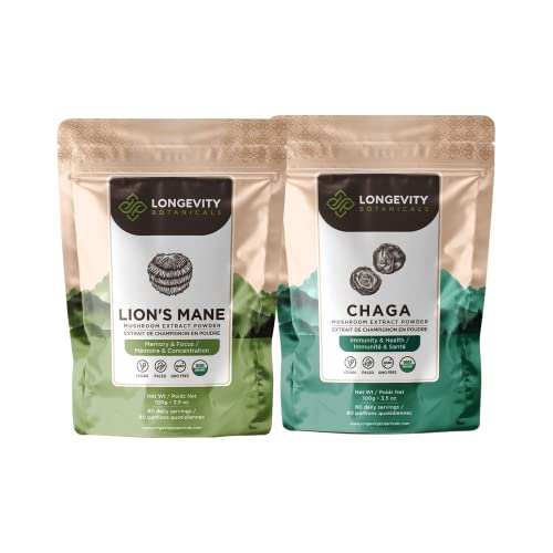 Longevity Botanicals Lion's Mane + Chaga Ultra Mushroom Extract Powder Immune And Digestive Support #TOP25