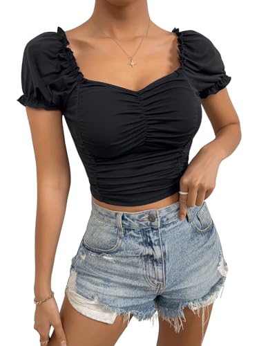 SweatyRocks Women's Ruched Short Puff Sleeve T Shirt Sweetheart